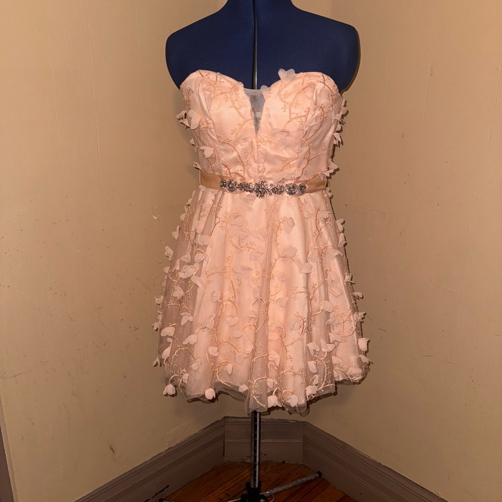 B Darlin Strapless Blush Pink Floral Appliqué Party Dress
